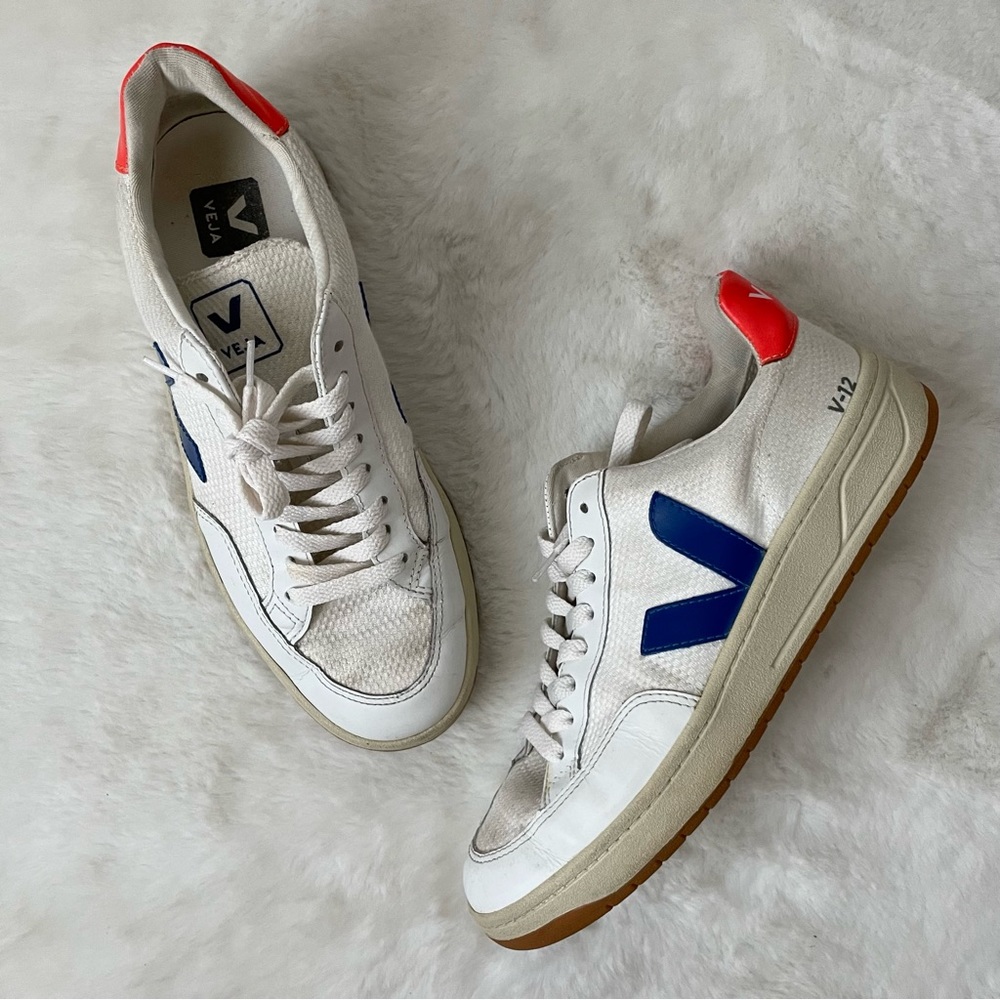 Veja Women’s White Sneakers with Blue V and Red Heel Tab